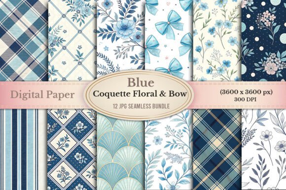 Blue Coquette Floral Bow Digital Paper: A Versatile Design Resource for Creative Projects