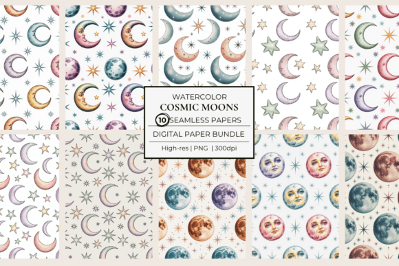 Cosmic Moons Watercolor Seamless Papers