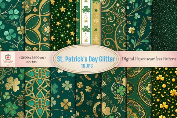 St. Patrick’s Day Green Gold Glitter Digital Paper Pack