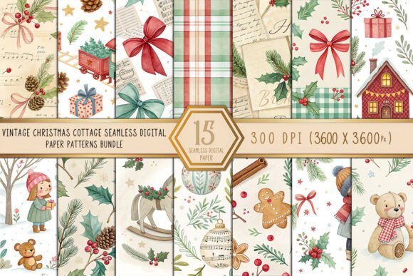 Vintage Christmas Cottage Digital Paper